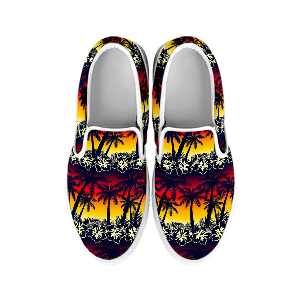 Sunset Hibiscus Palm Tree Pattern Print White Slip On Sneakers