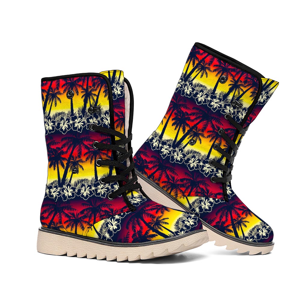 Sunset Hibiscus Palm Tree Pattern Print Winter Boots