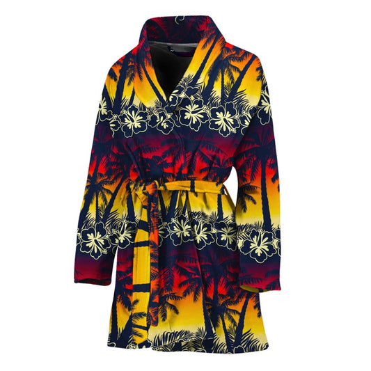 Sunset Hibiscus Palm Tree Pattern Print Women's Bathrobe