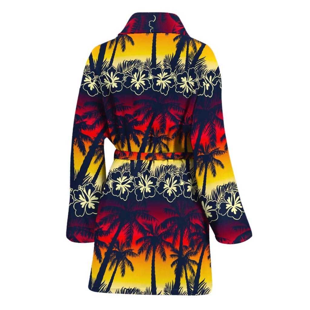 Sunset Hibiscus Palm Tree Pattern Print Women's Bathrobe