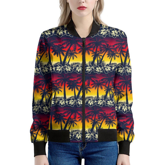 Sunset Hibiscus Palm Tree Pattern Print Women's Bomber Jacket