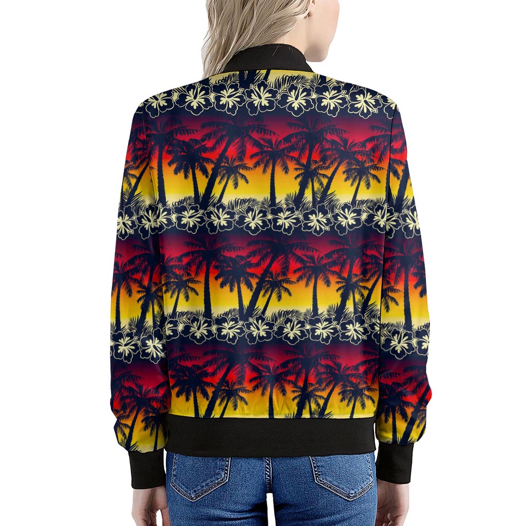 Sunset Hibiscus Palm Tree Pattern Print Women's Bomber Jacket