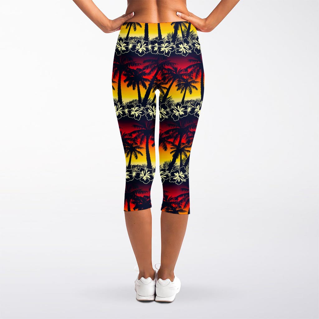 Sunset Hibiscus Palm Tree Pattern Print Women's Capri Leggings