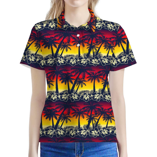Sunset Hibiscus Palm Tree Pattern Print Women's Polo Shirt