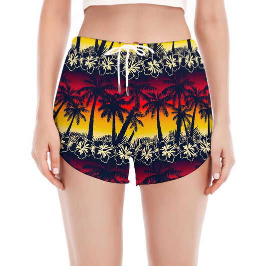 Sunset Hibiscus Palm Tree Pattern Print Women's Split Running Shorts
