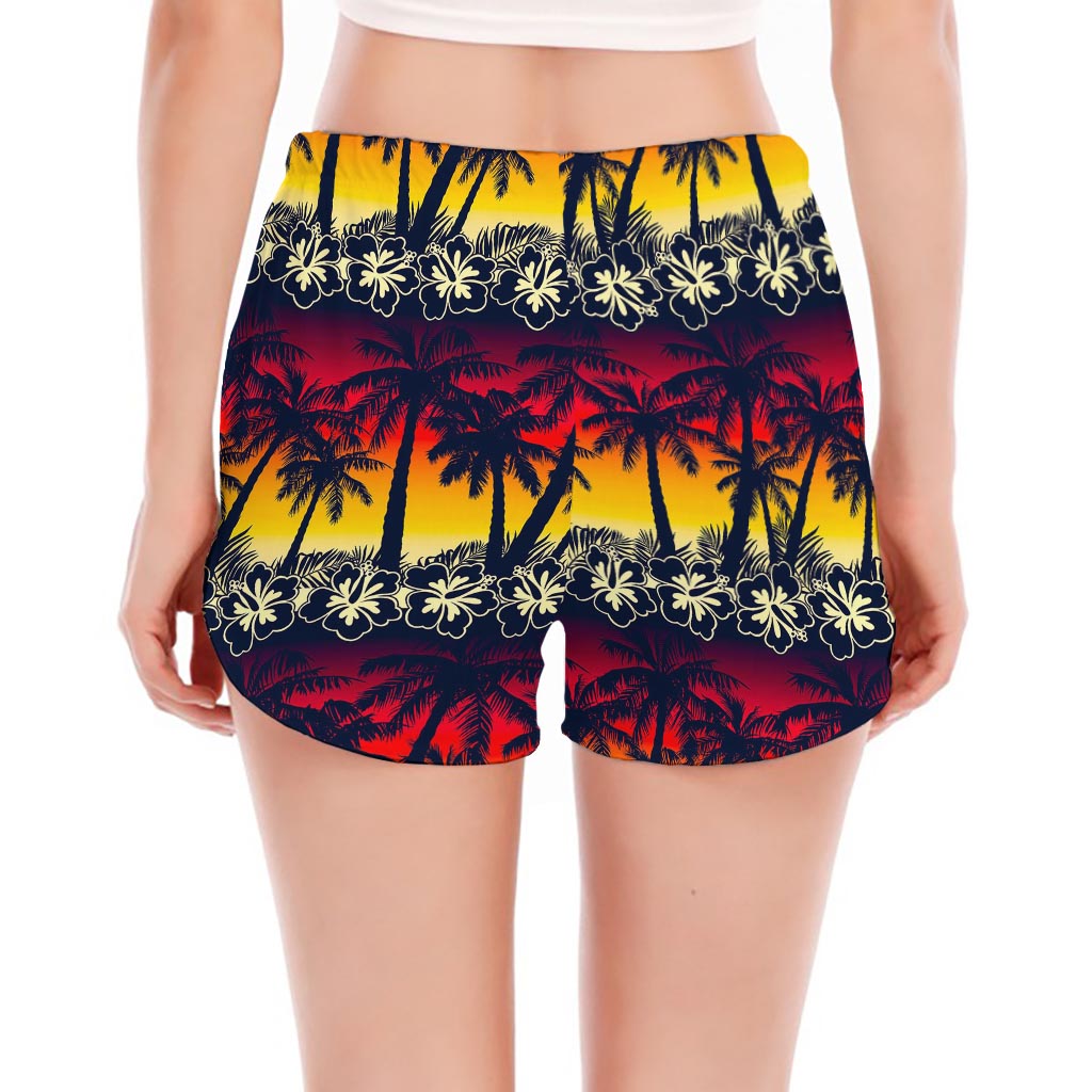 Sunset Hibiscus Palm Tree Pattern Print Women's Split Running Shorts