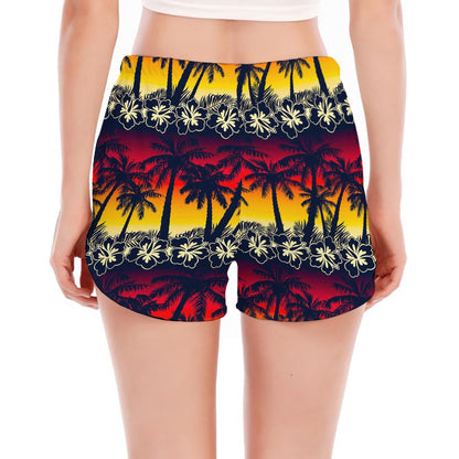 Sunset Hibiscus Palm Tree Pattern Print Women's Split Running Shorts