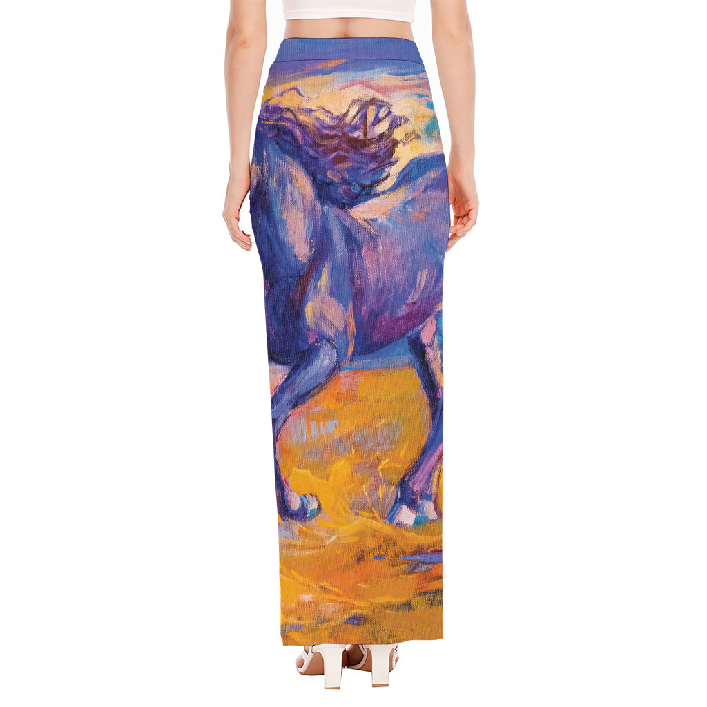 Sunset Horse Painting Print High Slit Maxi Skirt