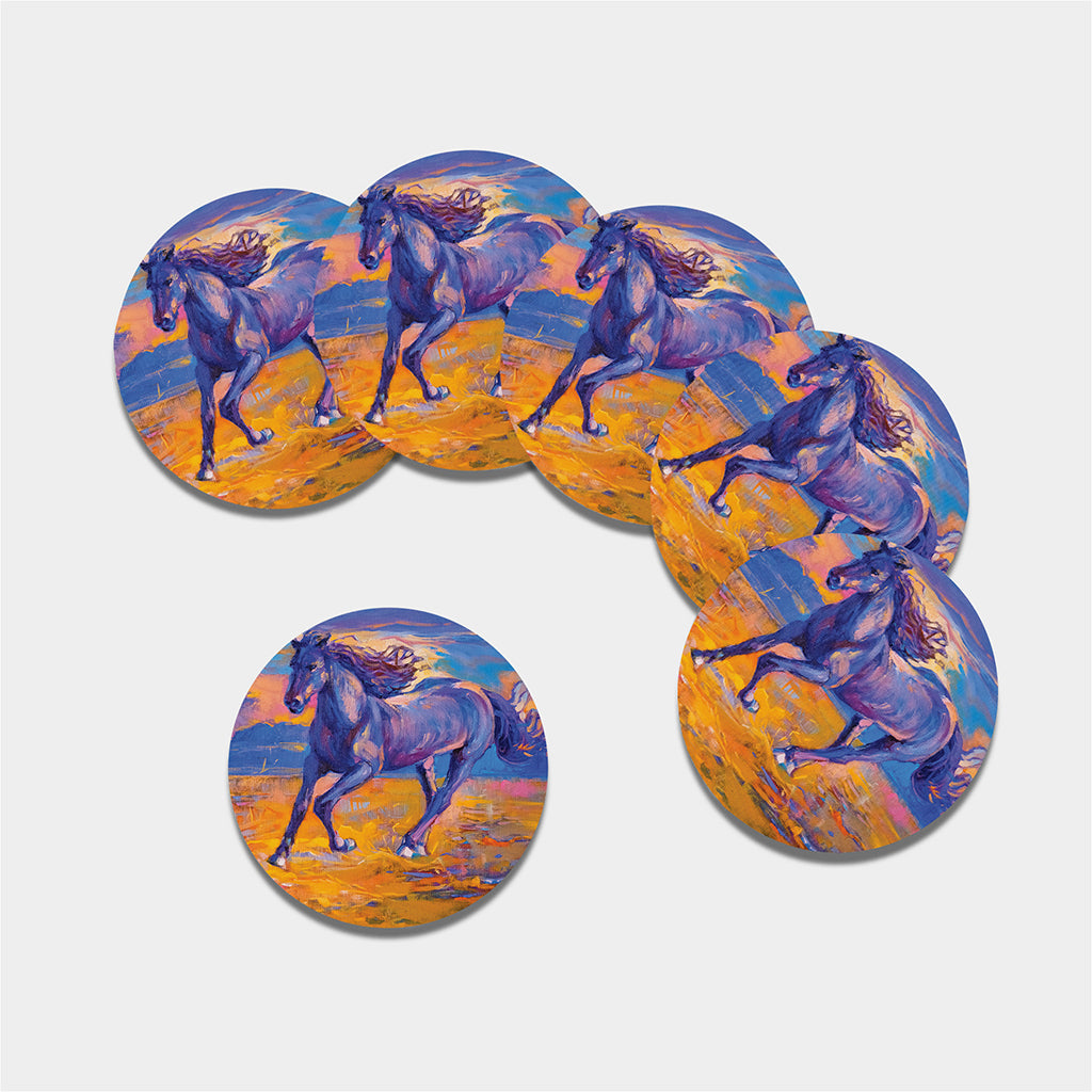 Sunset Horse Painting Print Leather Coaster Set