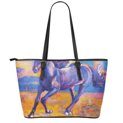 Sunset Horse Painting Print Leather Tote Bag