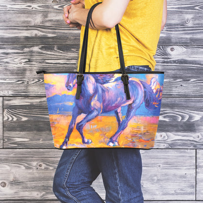 Sunset Horse Painting Print Leather Tote Bag
