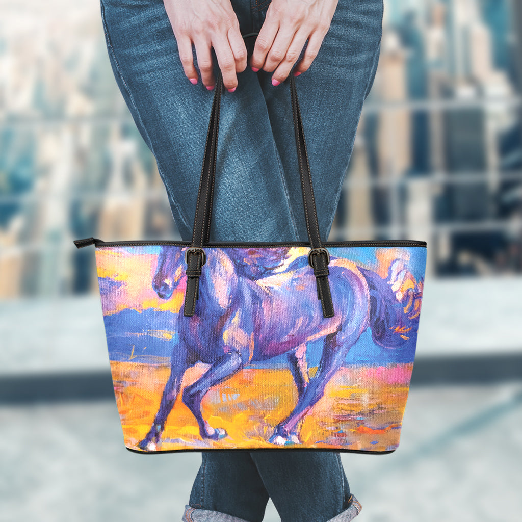 Sunset Horse Painting Print Leather Tote Bag