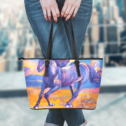 Sunset Horse Painting Print Leather Tote Bag