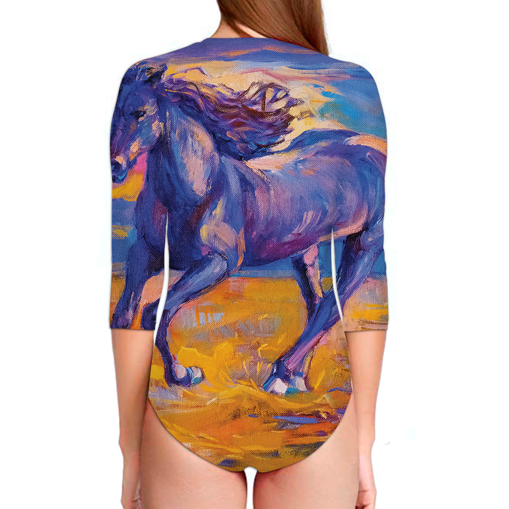 Sunset Horse Painting Print Long Sleeve Swimsuit