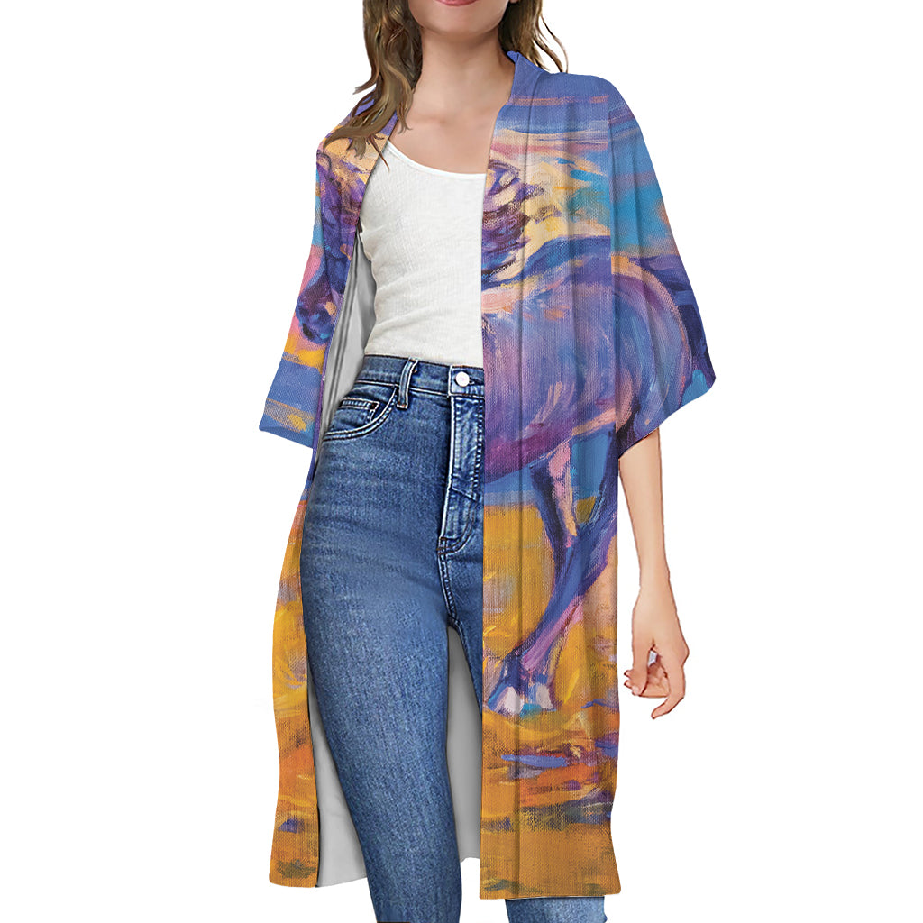 Sunset Horse Painting Print Open Front Beach Cover Up