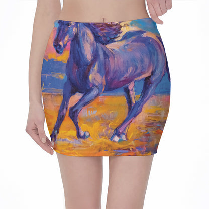 Sunset Horse Painting Print Pencil Mini Skirt