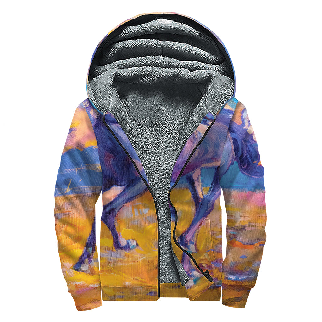 Sunset Horse Painting Print Sherpa Lined Zip Up Hoodie
