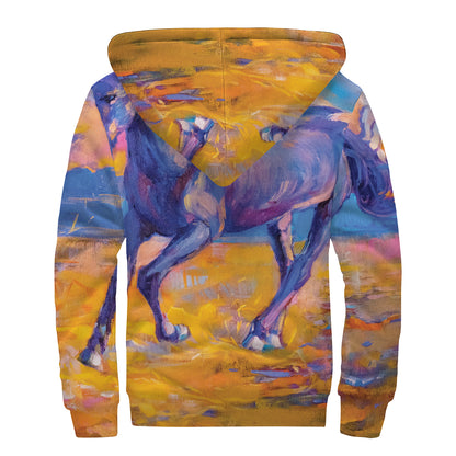 Sunset Horse Painting Print Sherpa Lined Zip Up Hoodie