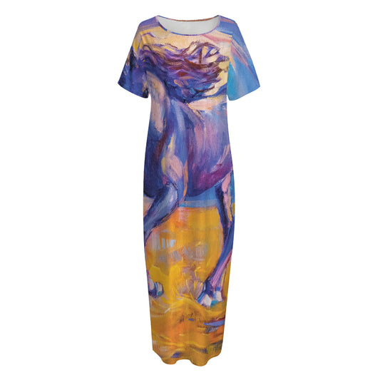 Sunset Horse Painting Print Short Sleeve Long Nightdress