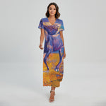 Sunset Horse Painting Print Short Sleeve Maxi Dress