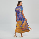 Sunset Horse Painting Print Short Sleeve Maxi Dress