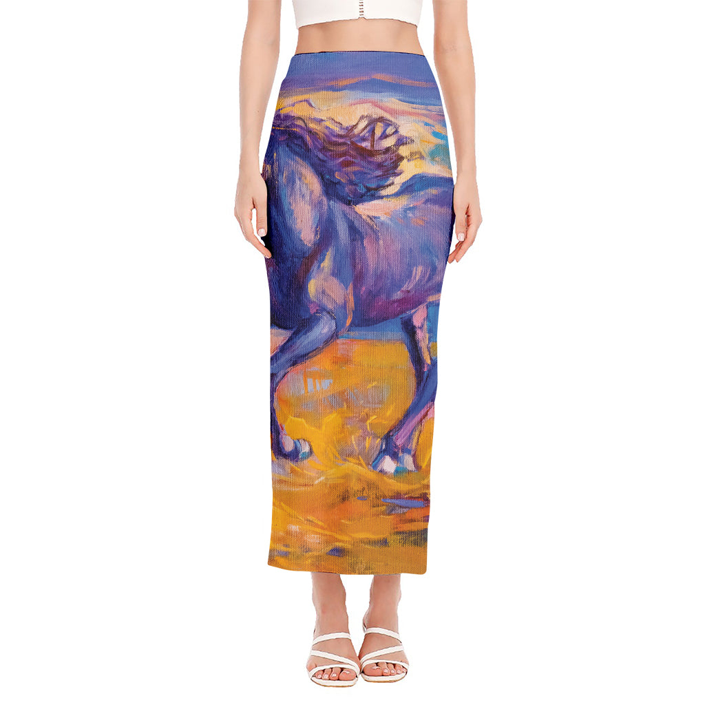 Sunset Horse Painting Print Side Slit Maxi Skirt
