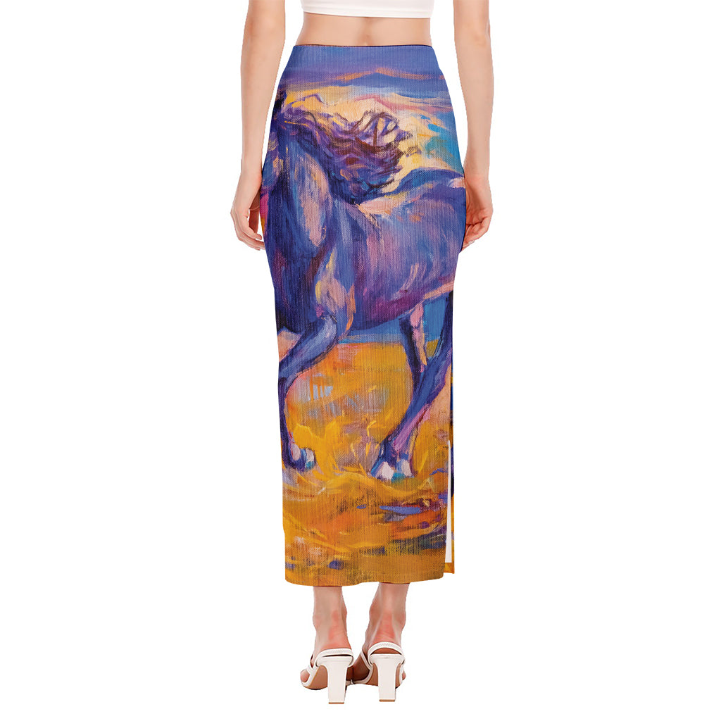 Sunset Horse Painting Print Side Slit Maxi Skirt