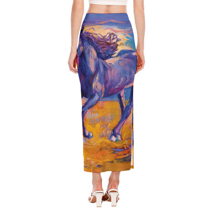 Sunset Horse Painting Print Side Slit Maxi Skirt