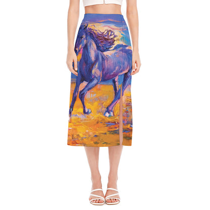 Sunset Horse Painting Print Side Slit Midi Skirt