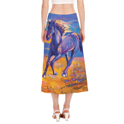 Sunset Horse Painting Print Side Slit Midi Skirt