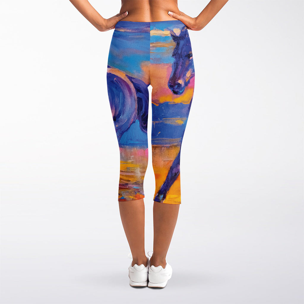 Sunset Horse Painting Print Women's Capri Leggings