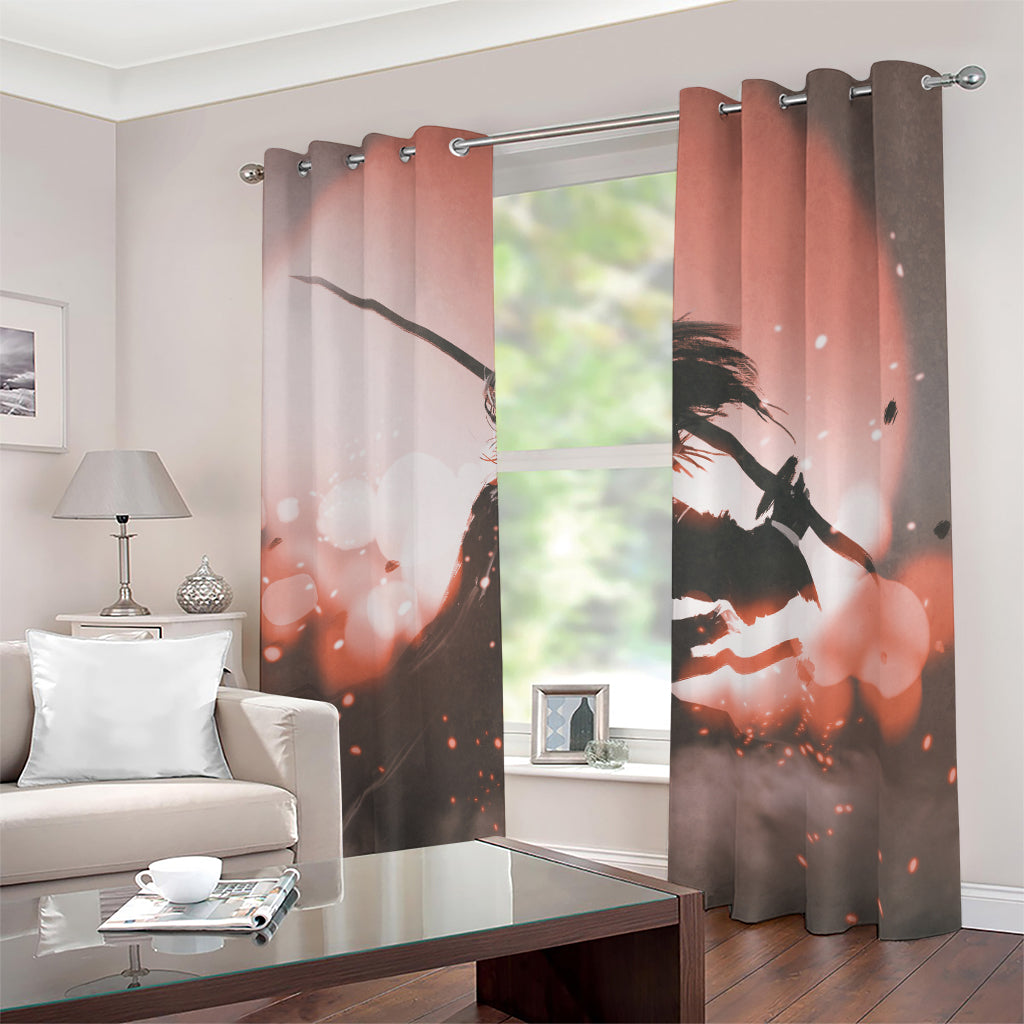 Sunset Japanese Samurai Print Blackout Grommet Curtains