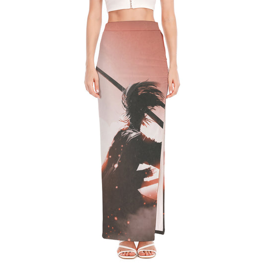 Sunset Japanese Samurai Print High Slit Maxi Skirt