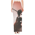 Sunset Japanese Samurai Print High Slit Maxi Skirt
