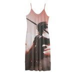 Sunset Japanese Samurai Print Jersey Midi Cami Dress