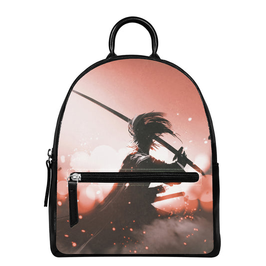 Sunset Japanese Samurai Print Leather Backpack
