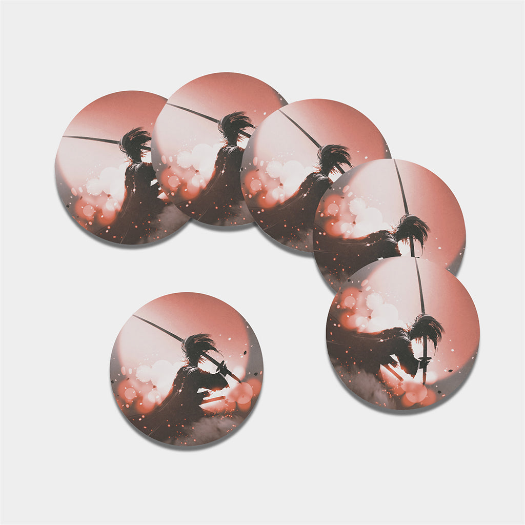 Sunset Japanese Samurai Print Leather Coaster Set