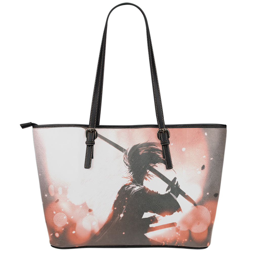 Sunset Japanese Samurai Print Leather Tote Bag