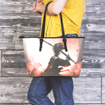 Sunset Japanese Samurai Print Leather Tote Bag