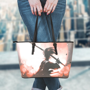 Sunset Japanese Samurai Print Leather Tote Bag