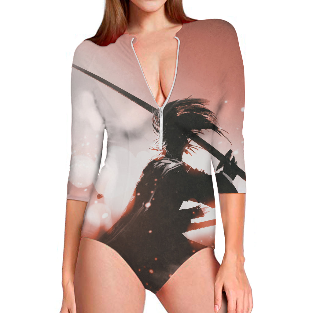 Sunset Japanese Samurai Print Long Sleeve Swimsuit