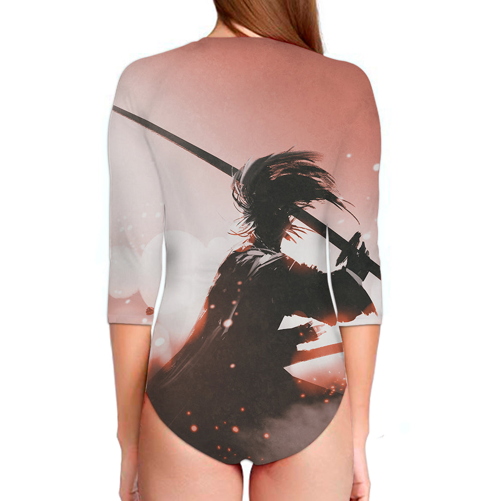 Sunset Japanese Samurai Print Long Sleeve Swimsuit