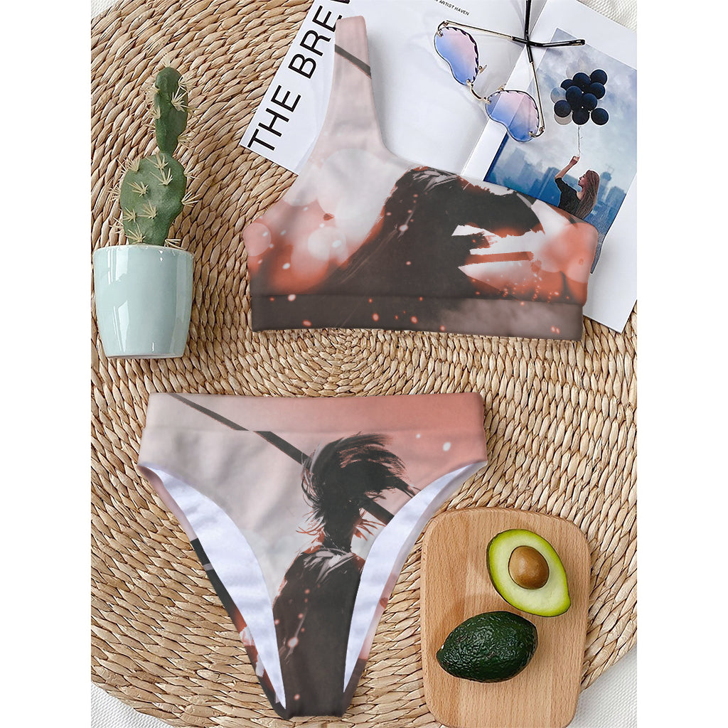 Sunset Japanese Samurai Print One Shoulder Bikini Top