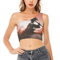 Sunset Japanese Samurai Print One Shoulder Crop Top