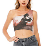 Sunset Japanese Samurai Print One Shoulder Crop Top