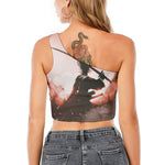 Sunset Japanese Samurai Print One Shoulder Crop Top