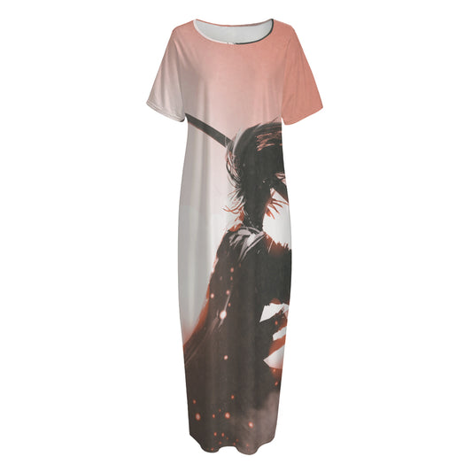 Sunset Japanese Samurai Print Short Sleeve Long Nightdress
