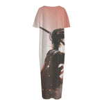Sunset Japanese Samurai Print Short Sleeve Long Nightdress