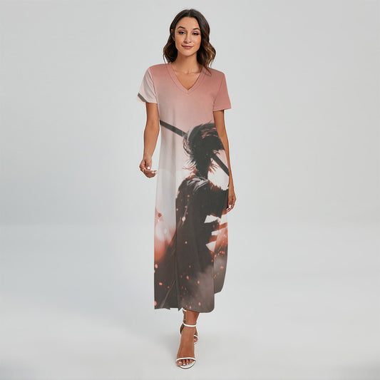 Sunset Japanese Samurai Print Short Sleeve Maxi Dress