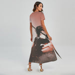 Sunset Japanese Samurai Print Short Sleeve Maxi Dress